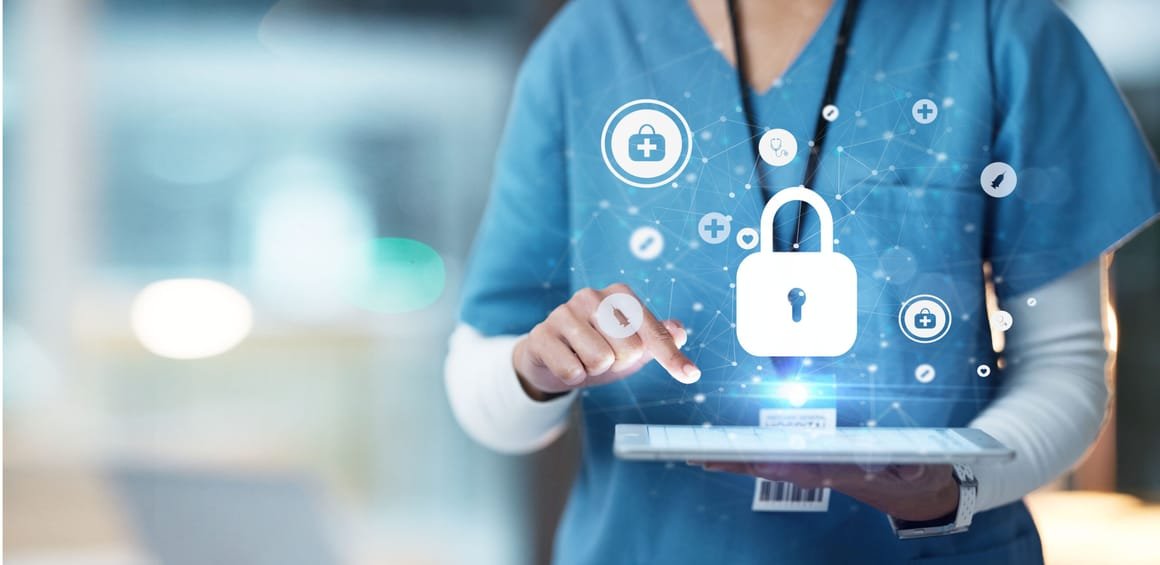 hospital-cybersecurity-scaled-1 Medical cybersecurity, tablet and hands of doctor, surgeon or nurse with virtual hologram for database lock. Mockup hospital, life insurance and woman with digital archive biometric for info safety