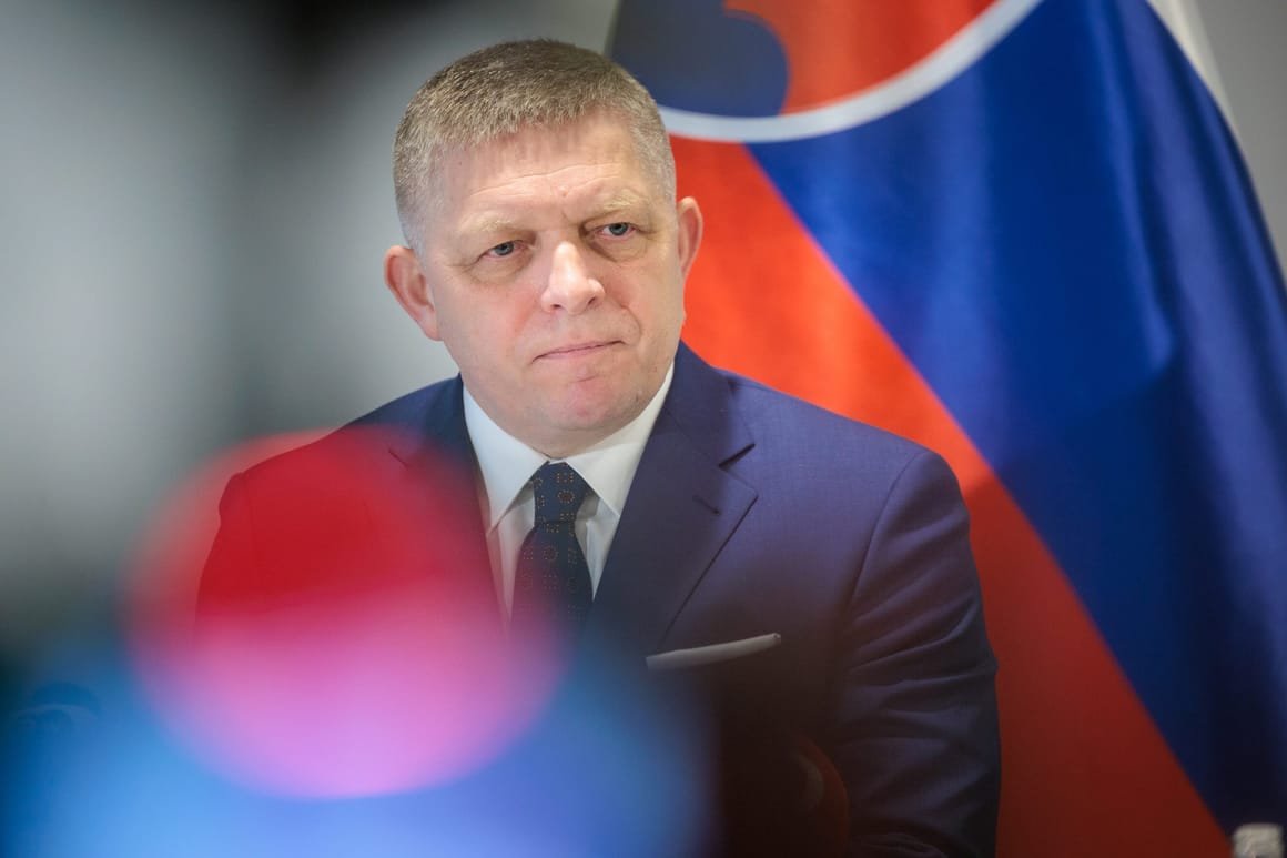 Slovakia’s Prime Minister Robert Fico holds a press conference in Brussels