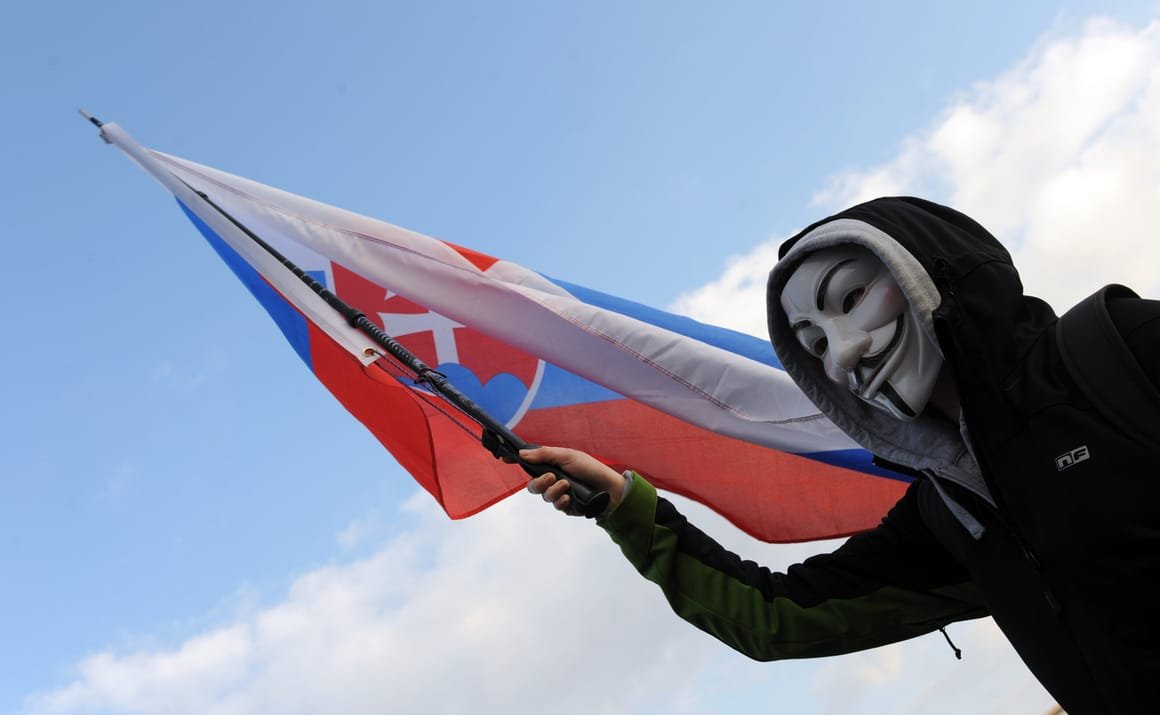 A protester wearing an anonymous mask ho