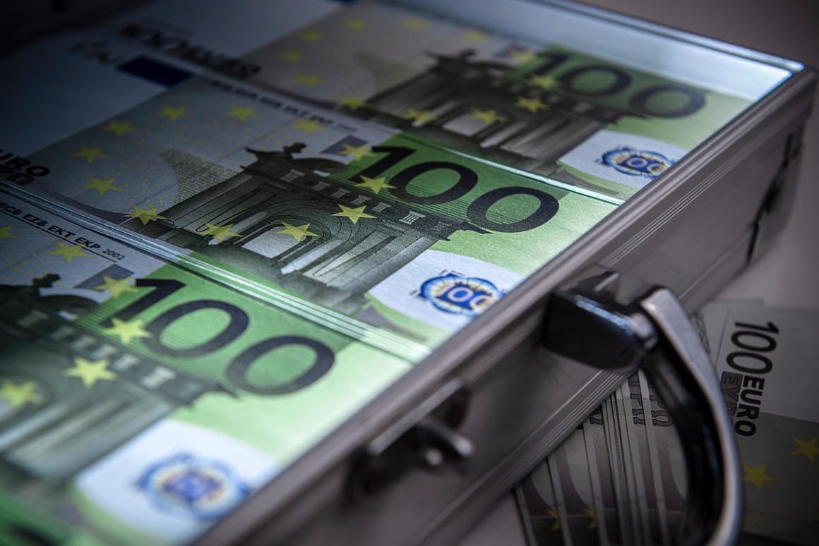 Stacks of 100 Euros in a steel Suitcase.